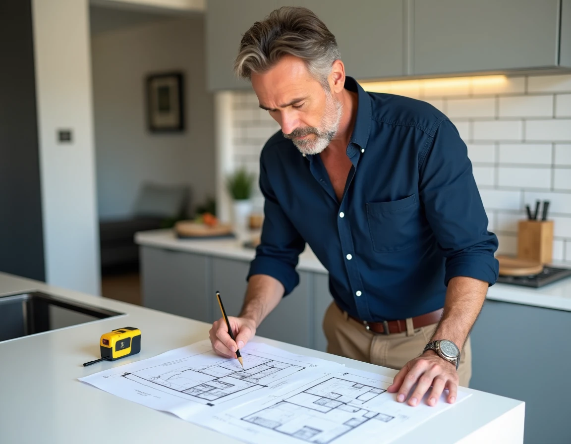 Homme analysant un plan d'appartement annoté avec des mesures en mètres carrés dans une cuisine moderne