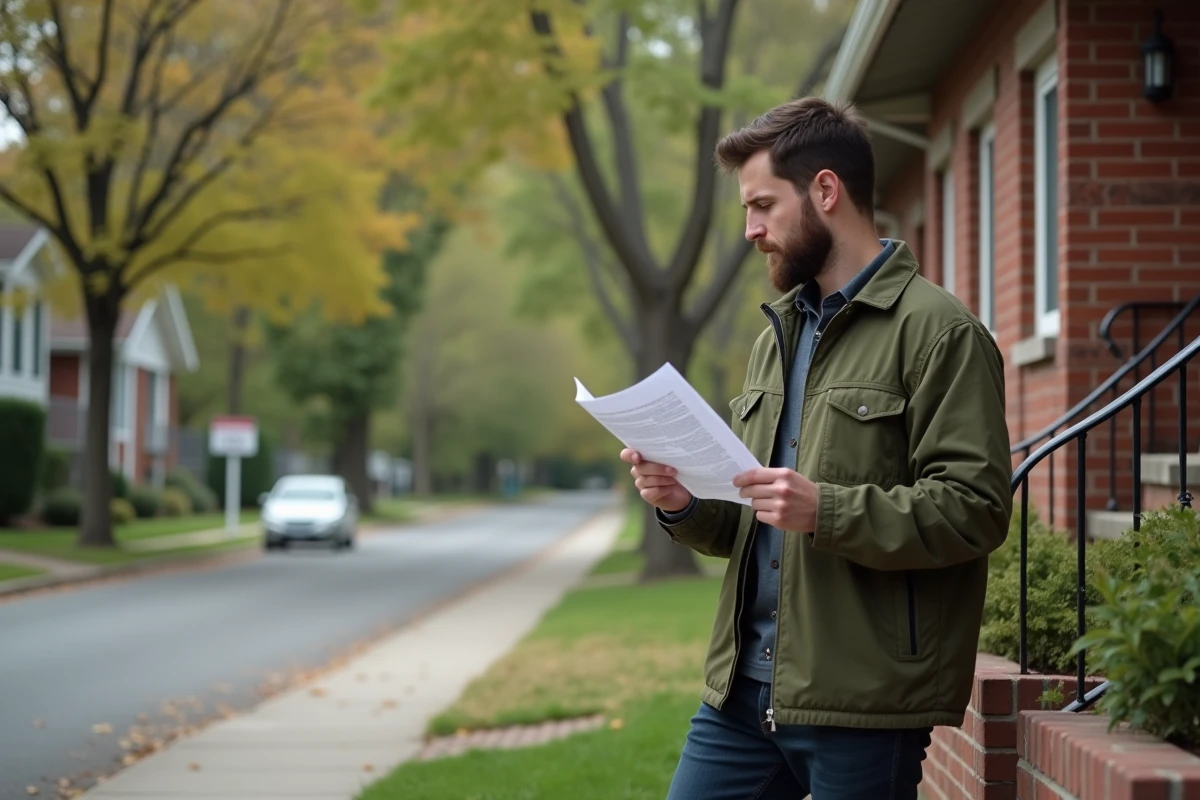 Primo-accédant debout devant une maison à vendre étudiant un document sur la contribution sécurité immobilière