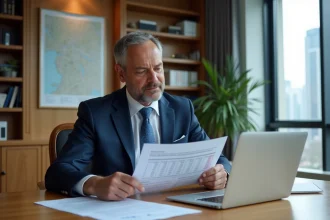 Professionnel de l'immobilier analysant des documents fiscaux et juridiques liés au régime TVA marchand de biens dans un bureau élégant