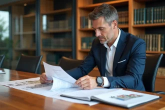 Professionnel de l'immobilier analysant des documents fiscaux liés à la TVA marchand de biens dans un bureau juridique moderne