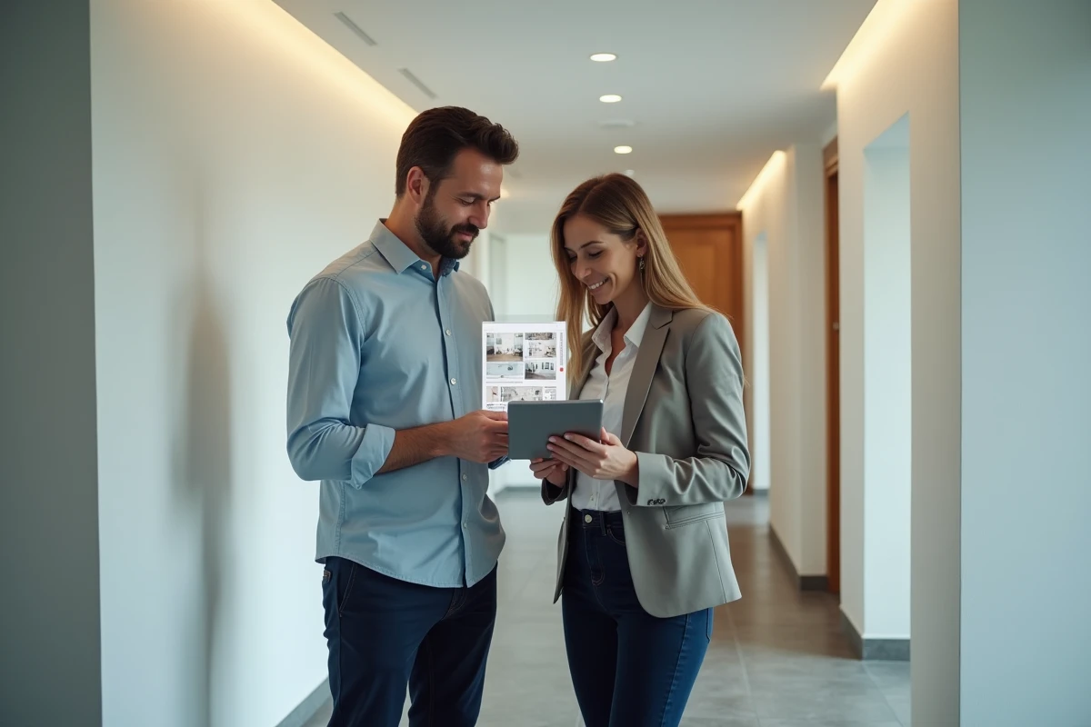 Deux professionnels de l'immobilier analysant les tarifs d'une visite virtuelle 360 sur tablette dans un appartement vide