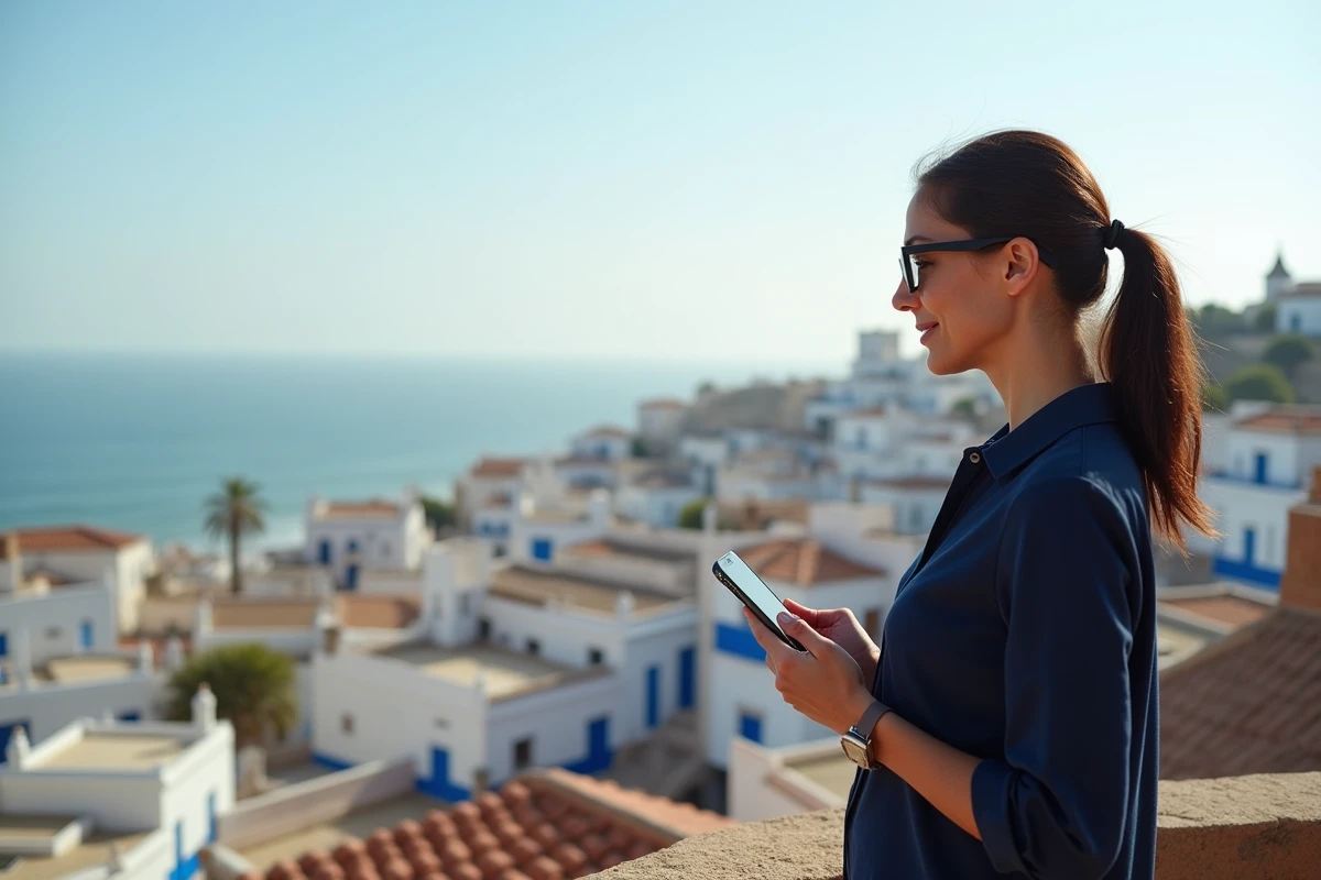 Femme cadre envisageant une location longue durée depuis une terrasse avec vue sur la médina d'Essaouira