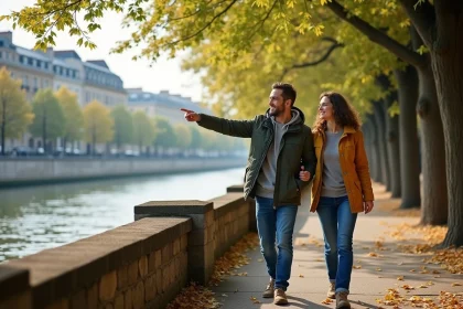 Couple se promenant le long des bords de Marne à Nogent-sur-Marne, découvrant les quartiers résidentiels depuis la promenade fluviale