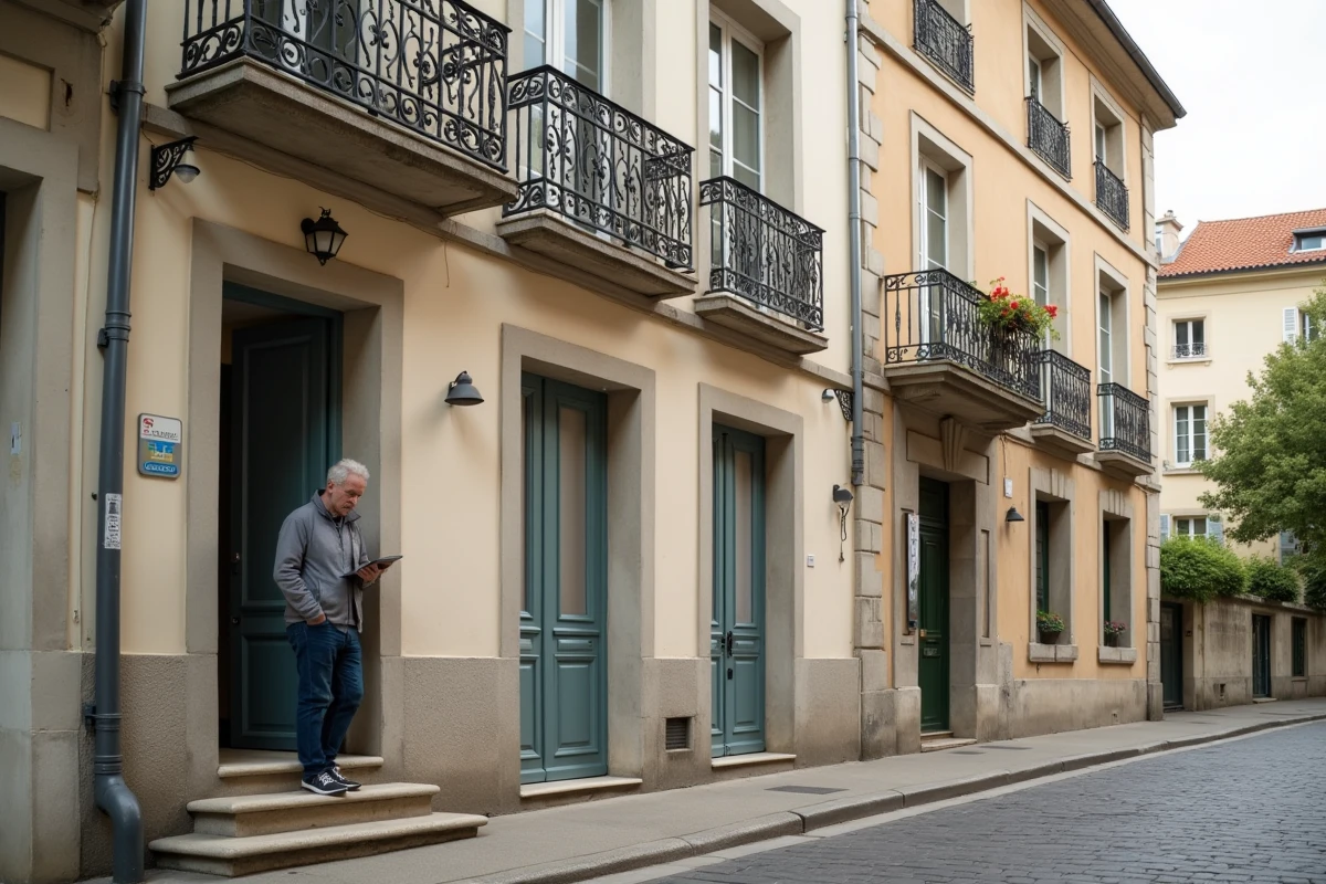 Promoteur immobilier devant un immeuble rénové à vendre illustrant le choix entre TVA marchand de biens et droits d'enregistrement