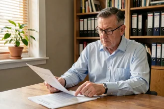 Propriétaire bailleur examinant un contrat de garantie locative Garantme à son bureau à domicile