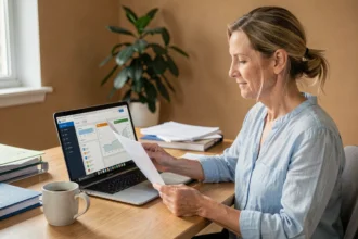 Propriétaire utilisant un tableau de bord de gestion locative en ligne sur son ordinateur portable depuis son bureau à domicile