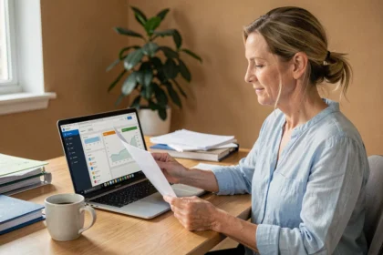 Propriétaire utilisant un tableau de bord de gestion locative en ligne sur son ordinateur portable depuis son bureau à domicile