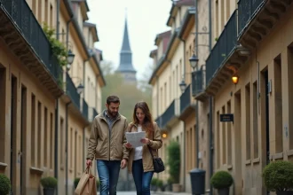 Couple se promenant dans une rue calme et résidentielle du Mans, consultant leur smartphone pour explorer le quartier