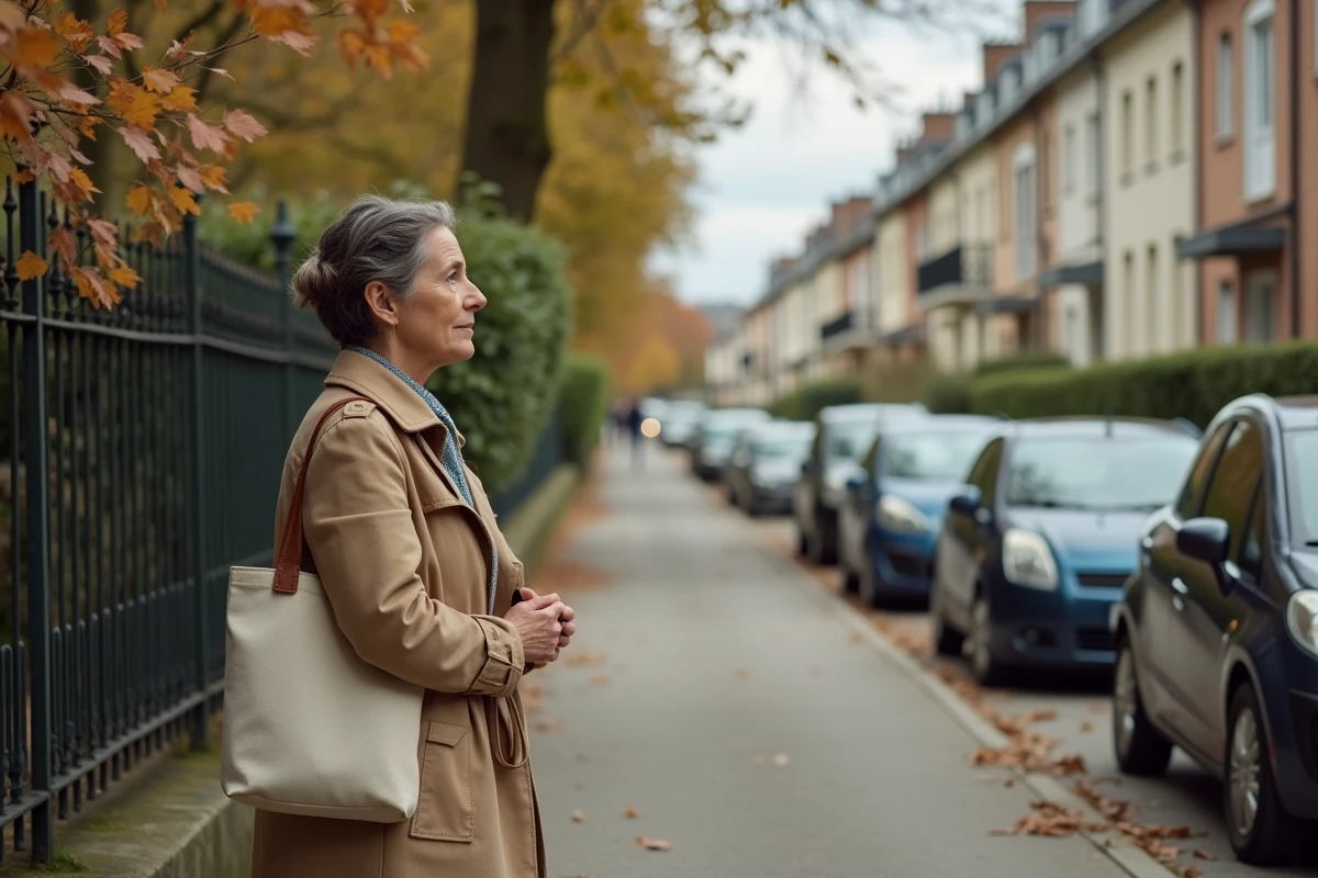 Femme évaluant l'architecture d'un quartier résidentiel de Nogent-sur-Marne, entre maisons anciennes et immeubles modernes