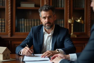 Homme consultant un notaire pour financer le rachat de parts en indivision autour d'un bureau avec des documents juridiques
