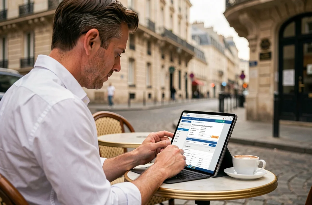 Homme recherchant le propriétaire d'une maison en ligne via un registre foncier français depuis un café parisien