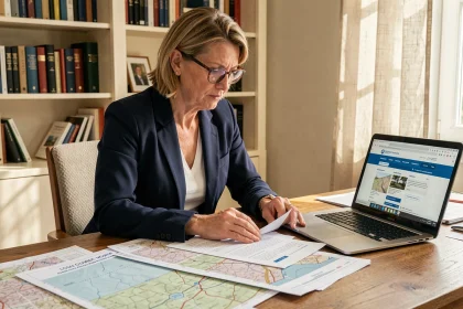 Femme consultant des documents cadastraux et administratifs pour identifier le propriétaire d'une maison en France