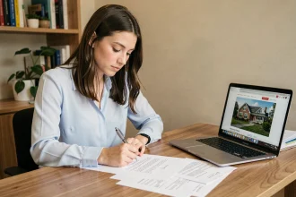 Jeune femme rédigeant une lettre de motivation pour un appartement à son bureau à domicile