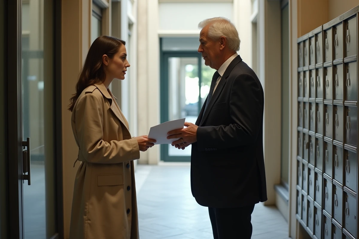 Remise en main propre d'une lettre de préavis de location dans le couloir d'un immeuble