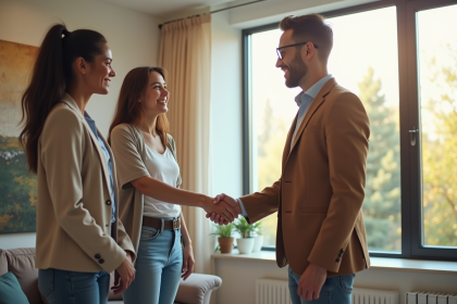 Jeune couple souriant rencontrant un propriétaire dans un salon lumineux