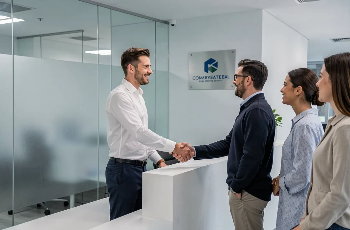 Agent de Renewal Clayton Immobilier accueillant des clients dans la réception moderne d'une agence immobilière