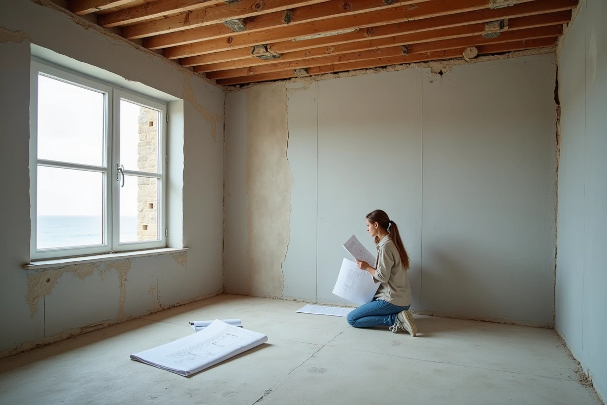 Architecte examinant les travaux d'isolation contre l'humidité dans l'intérieur rénové d'une maison normande côtière