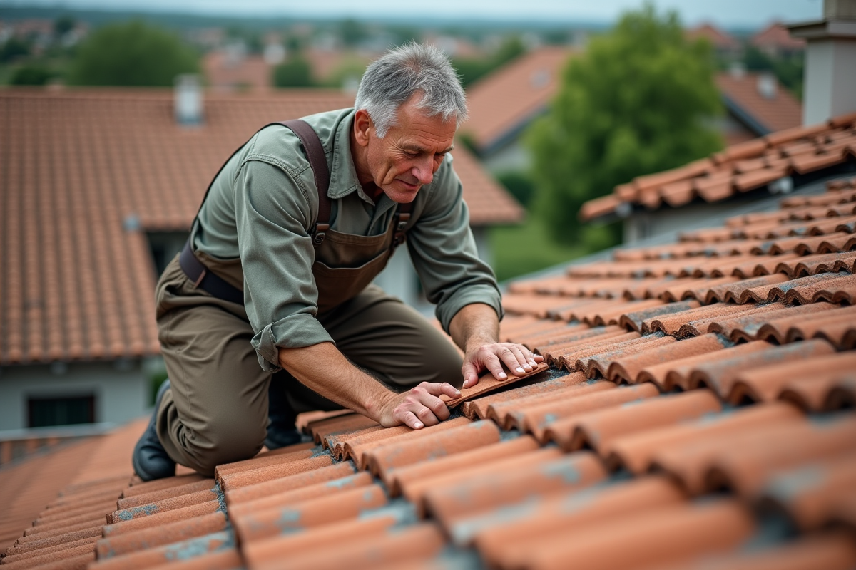 Homme couvreur réparant des tuiles en terre cuite sur un toit résidentiel