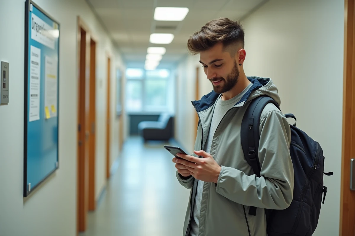 Étudiant dans le couloir d'une résidence universitaire moderne à La Roche-sur-Yon avec son sac à dos