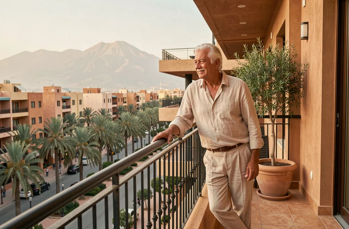 Retraité européen sur le balcon de son appartement moderne à Gueliz Marrakech avec vue sur les montagnes de l'Atlas