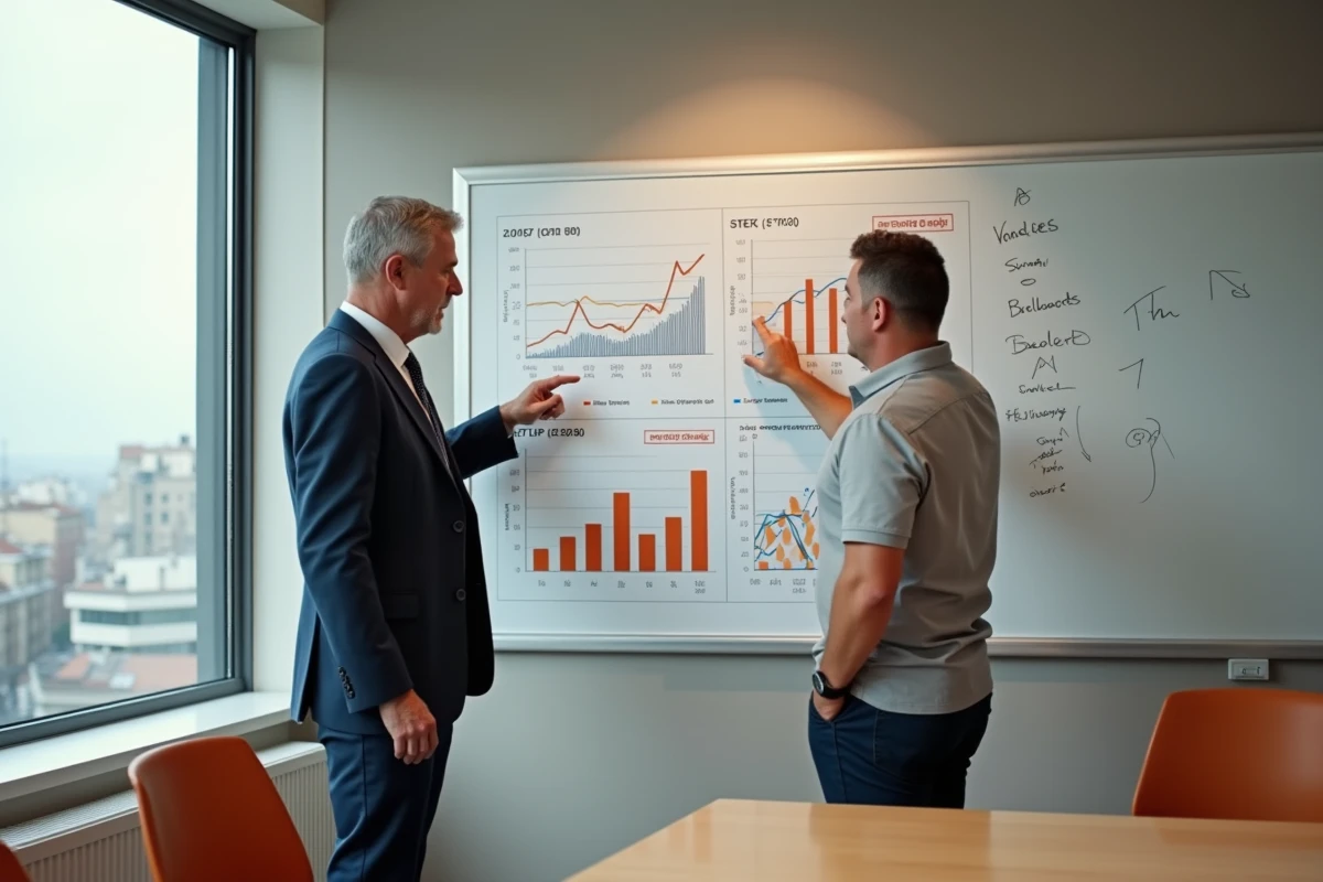 Deux dirigeants d'entreprise de construction analysant ensemble les évolutions de l'index BT47 en salle de réunion