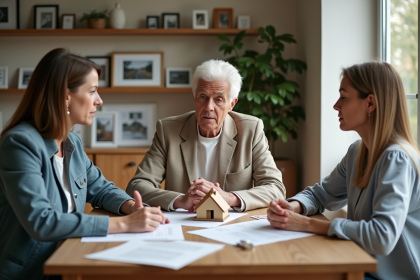 Trois adultes discutent autour d une table avec maison miniature