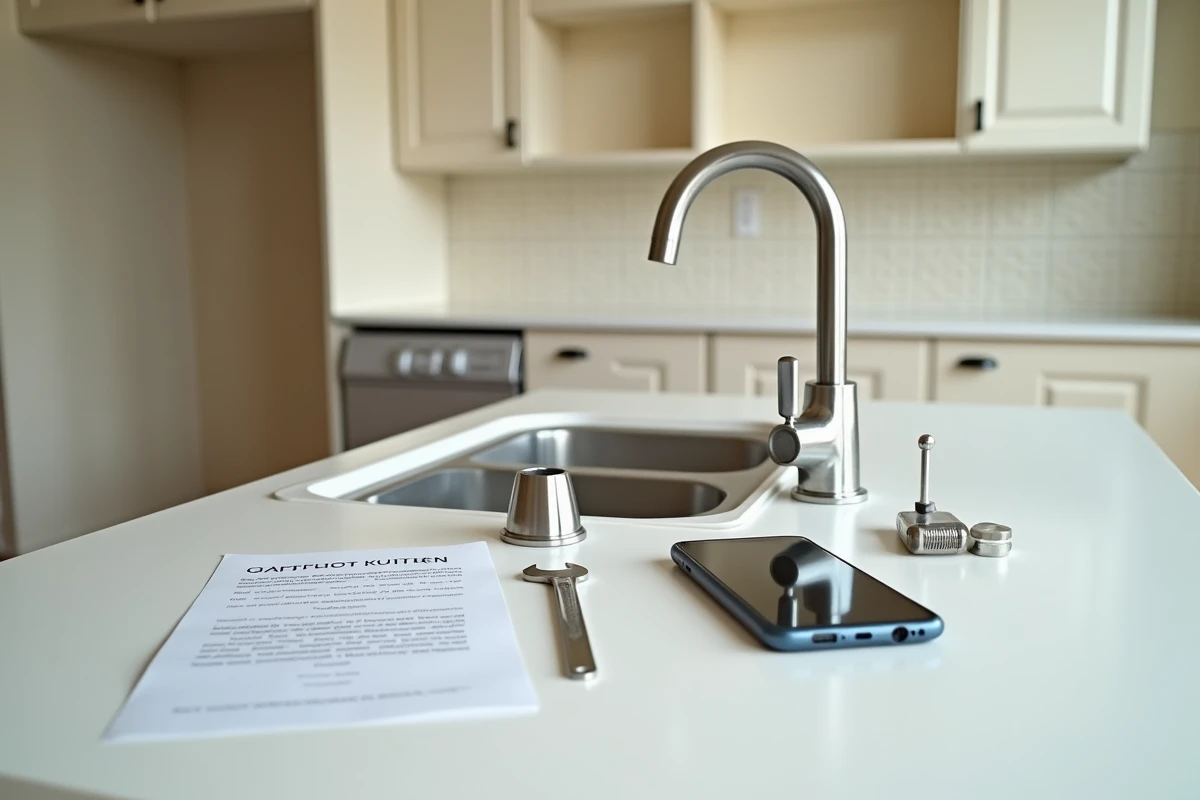 Robinet de cuisine en panne démonté sur le plan de travail d'un appartement en location non meublée