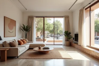 Salon moderne d'un appartement à vendre à Guéliz Marrakech avec décoration contemporaine marocaine et vue sur boulevard