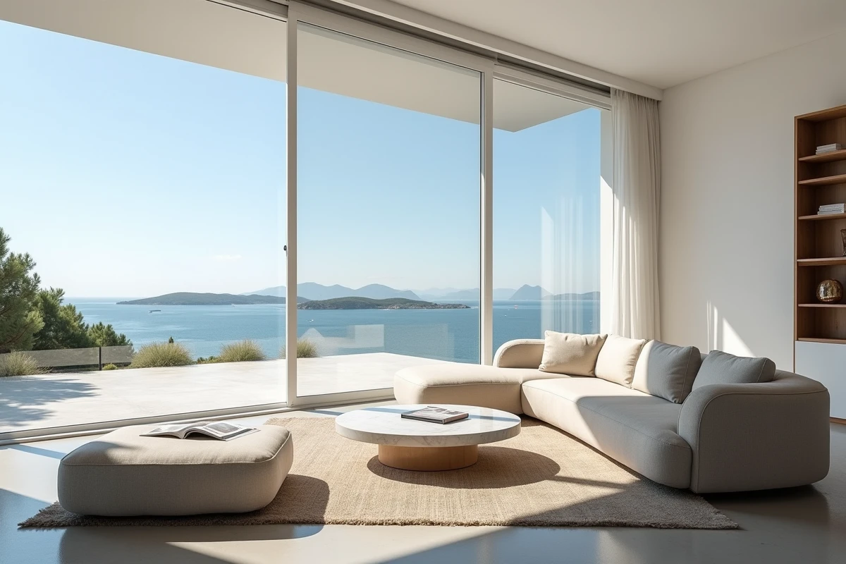 Salon contemporain d'un appartement de luxe avec vue panoramique sur la mer Méditerranée dans un quartier chic de Marseille