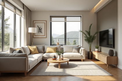 Salon moderne lumineux avec mobilier neutre et grande fenetre