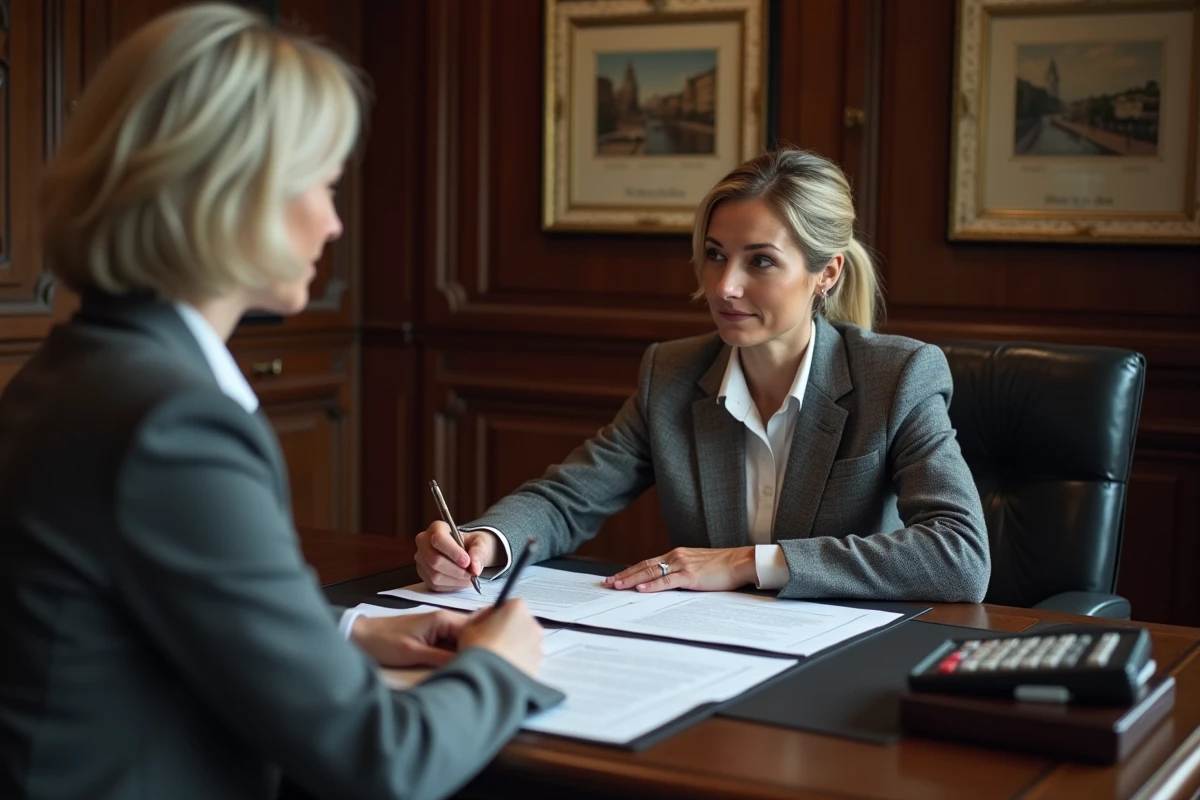 Femme signant un acte de vente immobilière chez le notaire avec des documents fiscaux
