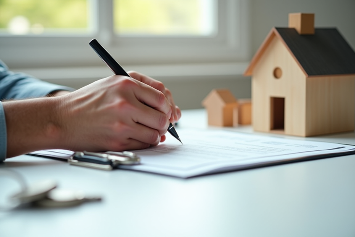 Main signant un contrat de prêt immobilier avec clés et maison miniature