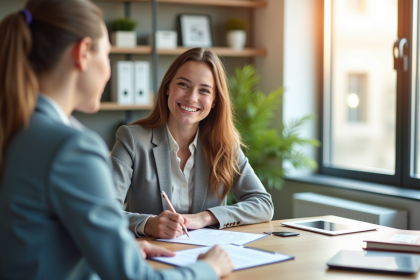 Jeune professionnel signant un contrat de location dans une agence moderne