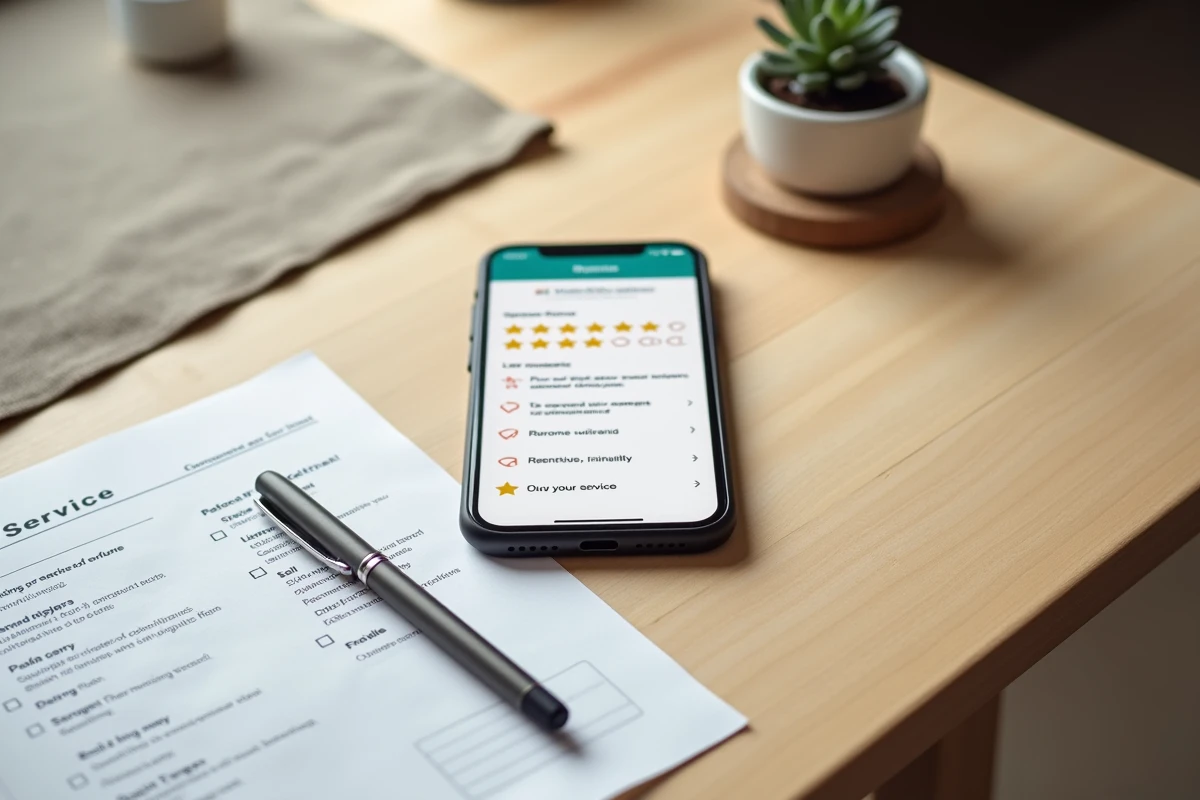 Vue aérienne d'un smartphone affichant une interface d'avis en ligne pour un service de location