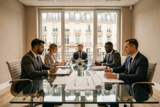 Réunion professionnelle de syndics de copropriété dans un bureau parisien moderne avec vue sur des immeubles haussmanniens