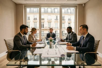 Réunion professionnelle de syndics de copropriété dans un bureau parisien moderne avec vue sur des immeubles haussmanniens