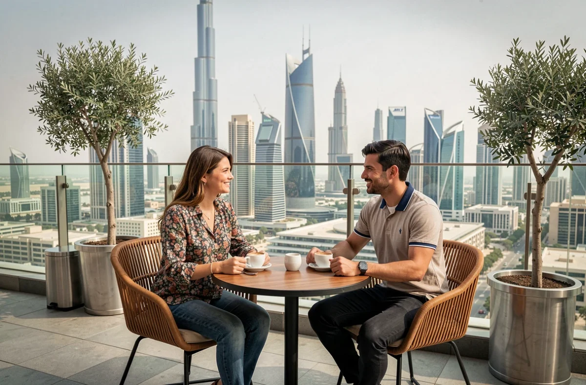 Deux professionnels en terrasse avec vue panoramique sur la tour Almas et le quartier JLT à Dubaï