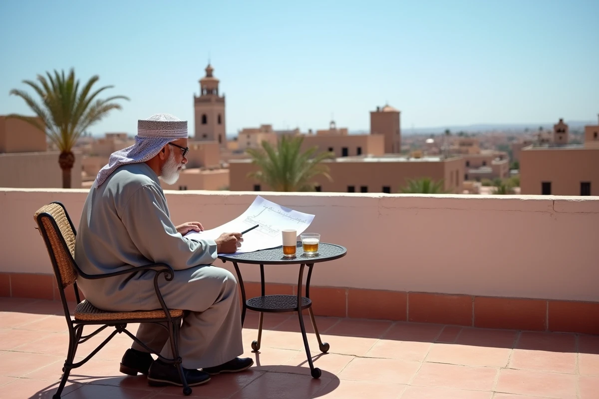 Propriétaire consultant des plans sur la terrasse d'un riad à acheter pas cher à Marrakech avec vue sur la médina