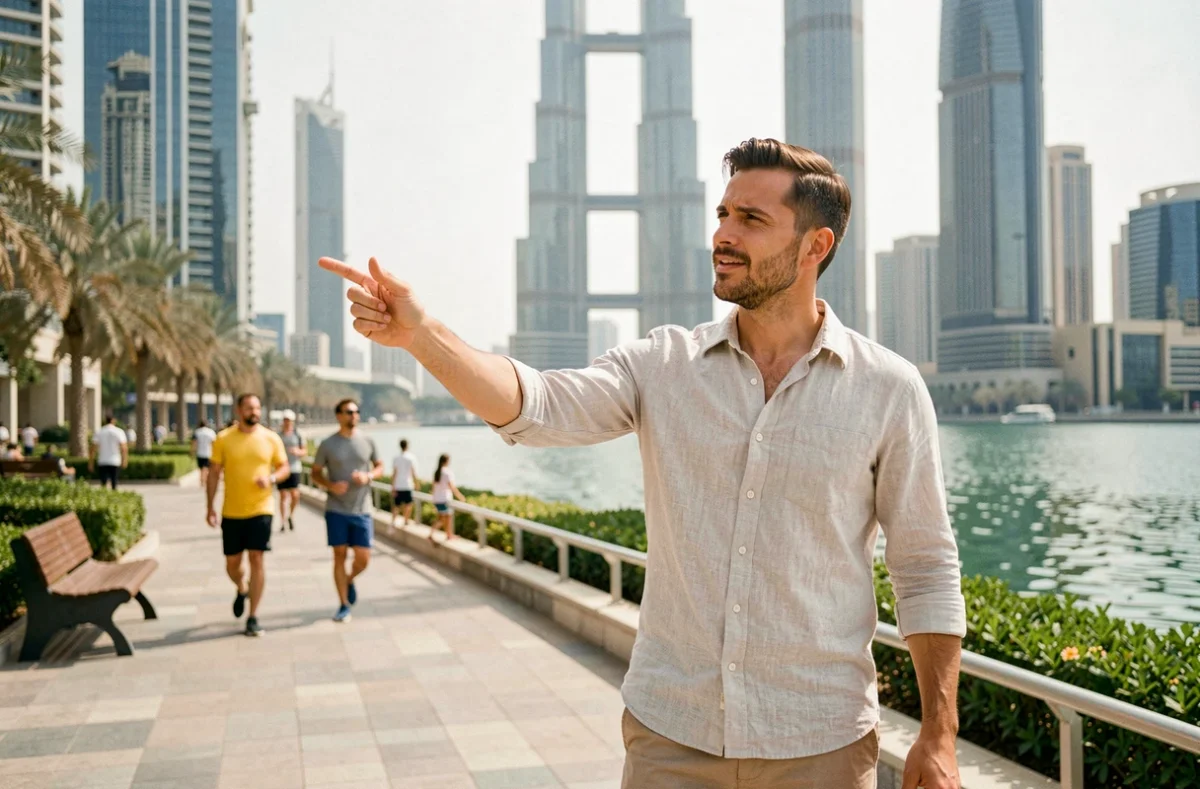 Touriste sur la promenade du lac de Jumeirah Lakes Towers avec la tour Almas en arrière-plan