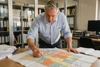 Urbaniste consultant une carte de zonage PLU imprimée dans un bureau municipal
