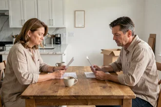 Couple en instance de divorce discutant calmement de documents immobiliers autour d'une table de cuisine, maison en cours de vente