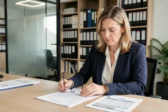Une gestionnaire de copropriété examine des documents officiels d'un syndic dans un bureau professionnel