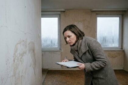 Femme inspectant des défauts d'humidité sur un mur lors d'une visite de logement en hiver