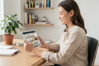 Femme utilisant une tablette pour une visite virtuelle de maison gratuite avec interface 360 degrés