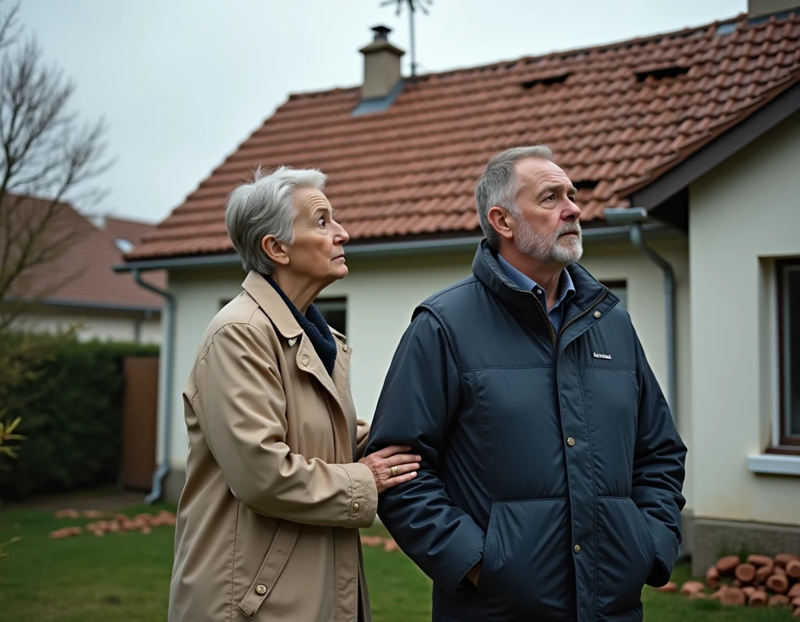 Deux voisins examinant avec inquiétude les tuiles envolées sur la toiture commune de leur maison mitoyenne après une tempête