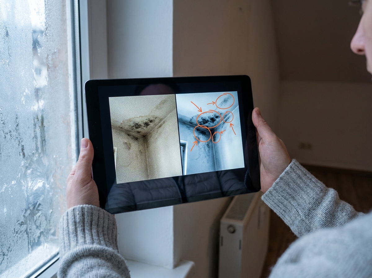 Tablette montrant une comparaison de vue corrigée révélant des défauts cachés d'un plafond humide lors d'une visite immobilière en hiver